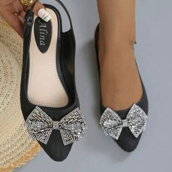 Sparkly Rhinestone Bow Slingback Flats - Black - NWOT - 8.5 - Picture 2 of 6